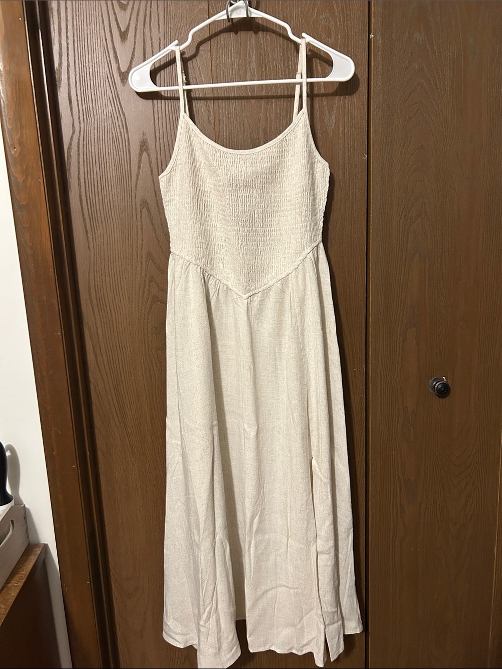 Hem & Thread Cream Smocked Midi Dress with Spaghetti Straps
